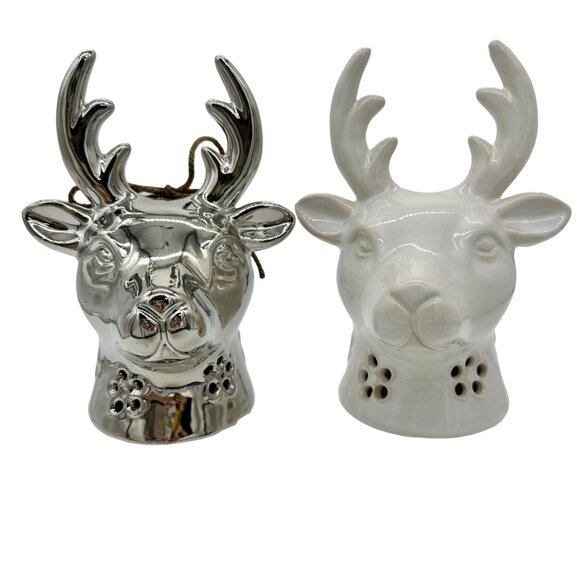 Set of 2 Reindeer Heads 1 Silver 1 White Ceramic 6in Tall x 3in Wide - Picture 1 of 9